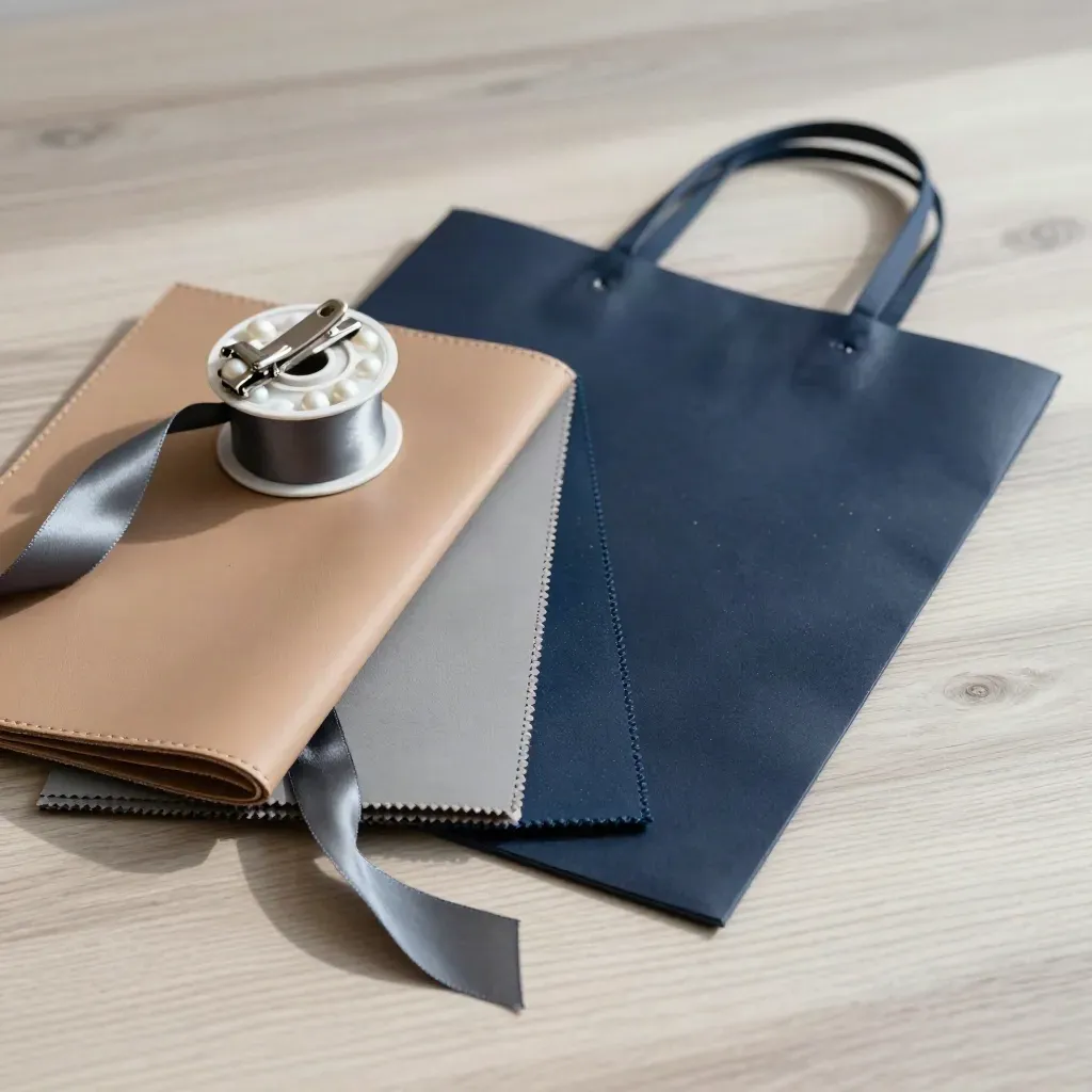 Top-down retail sample still life with leather, ribbon, chrome, and blue accents on pale wood.
