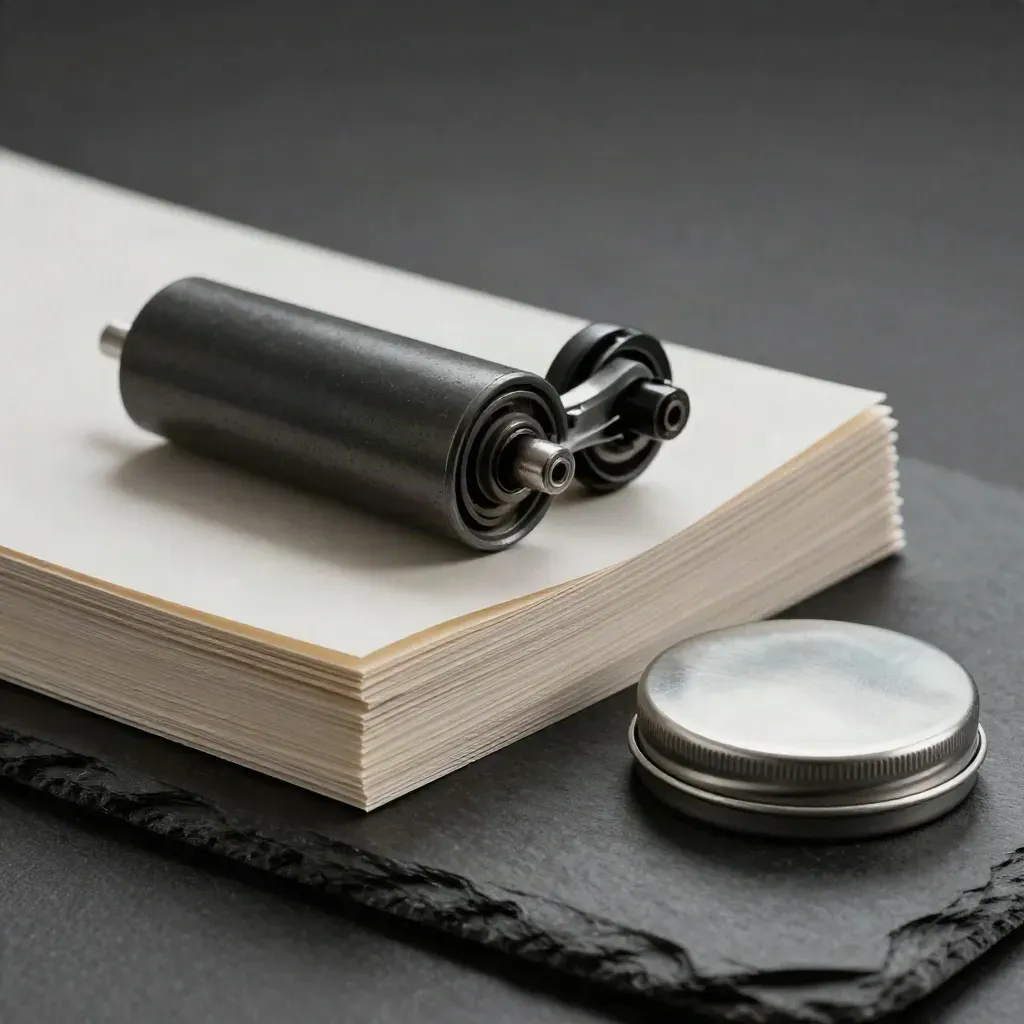 Printing press roller with paper edges and an ink tin lid on dark slate