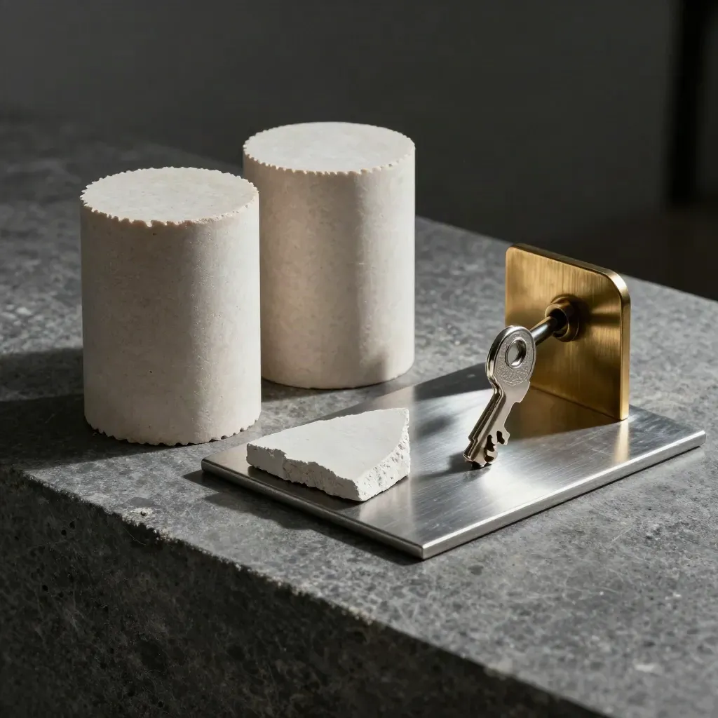 Stone samples, brass bracket, and plaster chip on brushed steel in dramatic studio light.