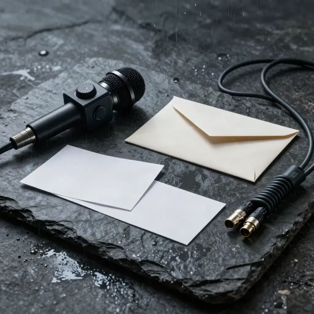 Dark campaign-board still life with mic, recorder, press envelope, storyboard cards and cable on wet stone.