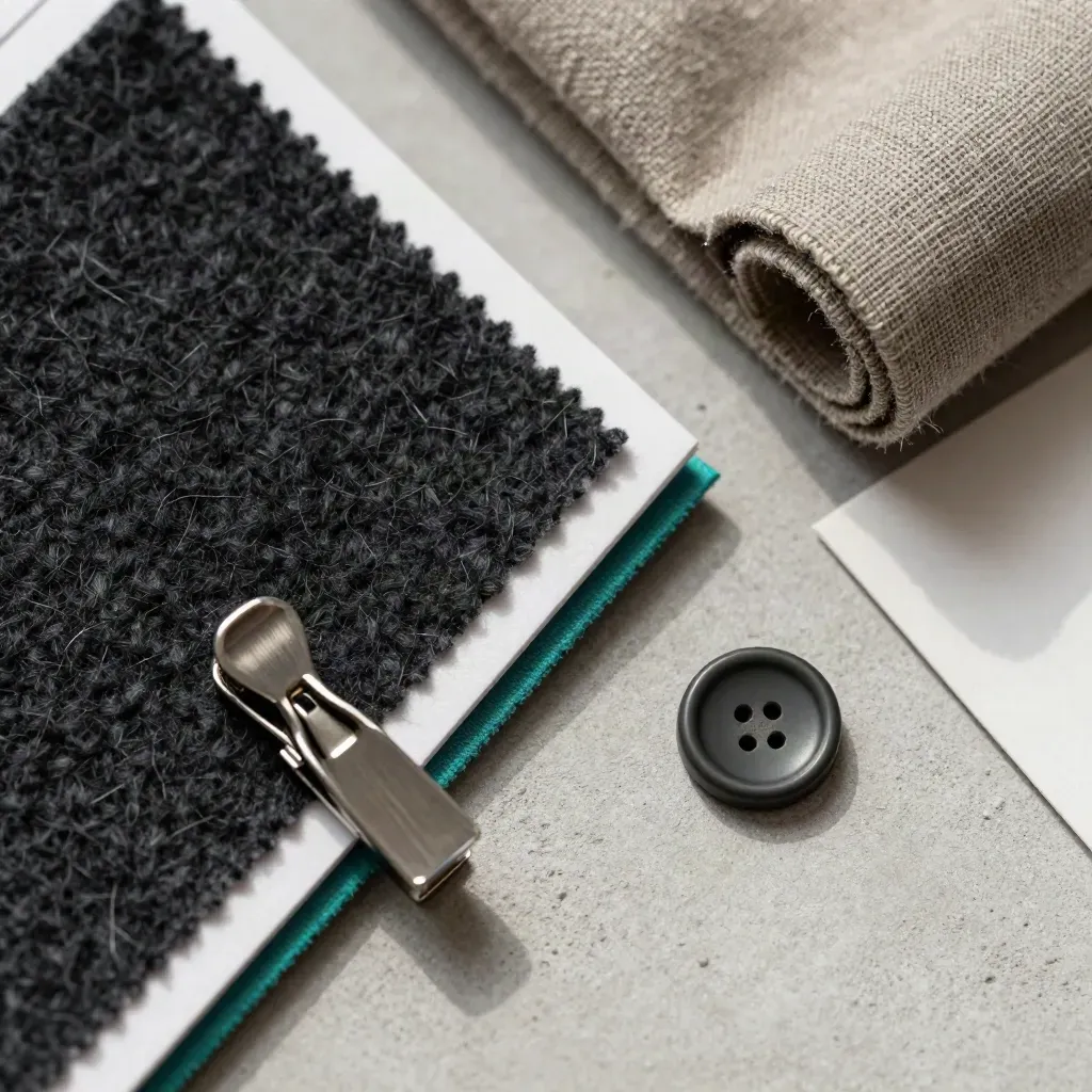 Overhead macro of textile samples, metal clip, linen roll and button on pale concrete.
