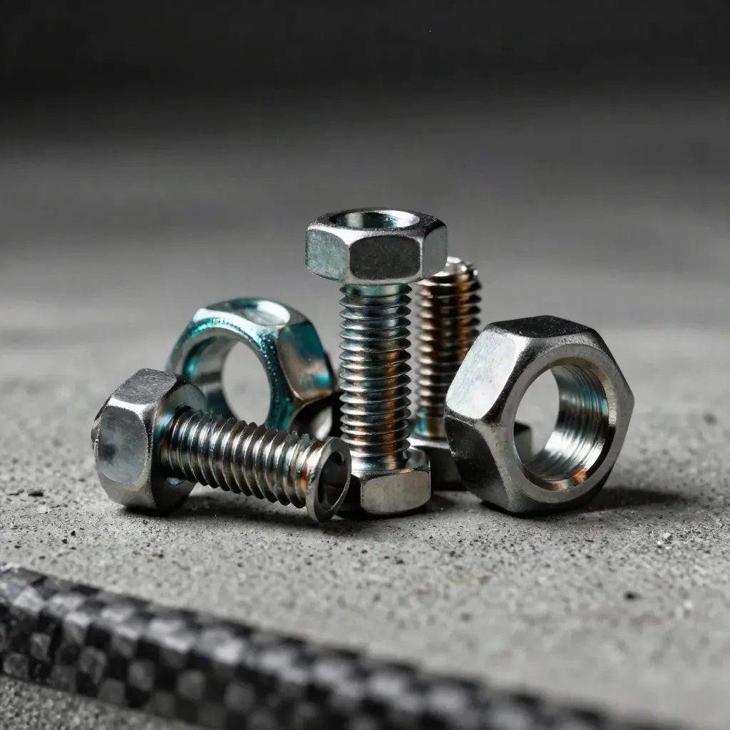 Macro of aluminium couplers, bolts, and carbon fiber on concrete with teal accent
