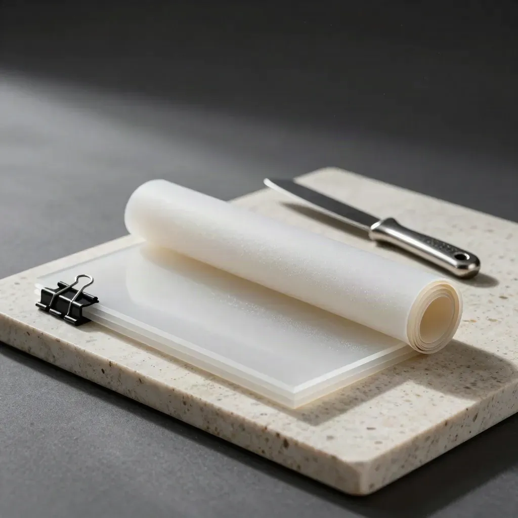 Frosted acrylic sheets and binder clips on pale stone, lit dramatically.