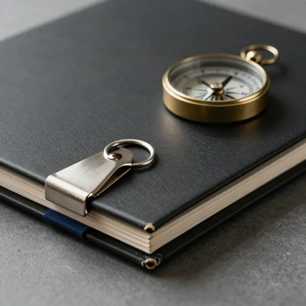 Macro overhead of a black briefing folder with steel clips and a brass compass on graphite.