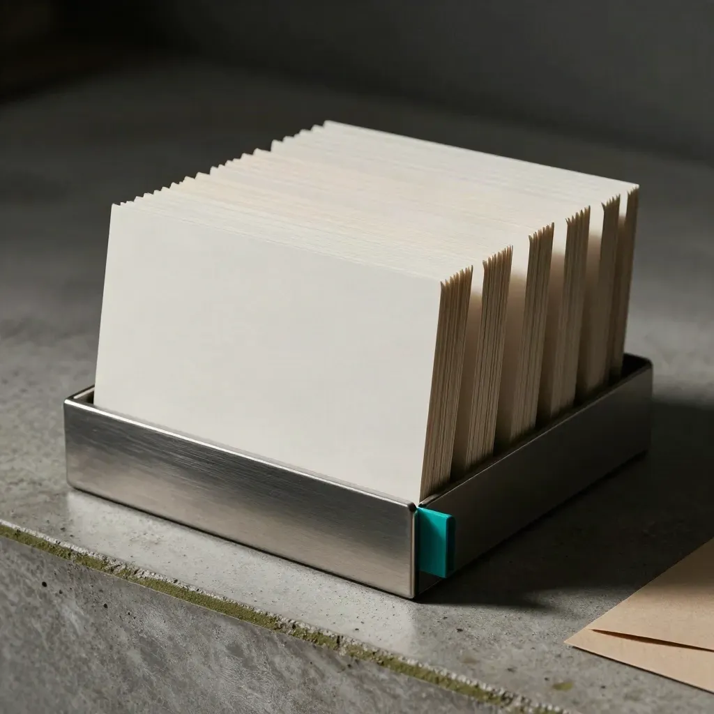 Matte planning cards, metal dividers and a grey desk rail in dramatic studio light.