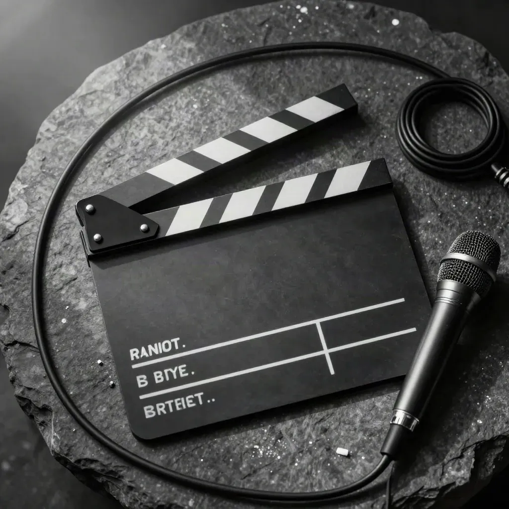 Top-down clapper slate, cable, and microphone base on charcoal stone with soft daylight.