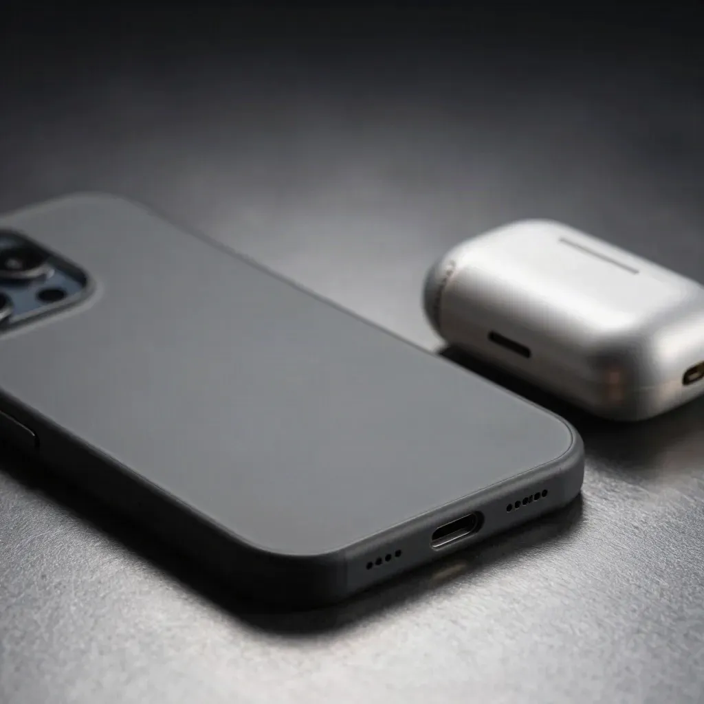 Matte phone shell, earbud case, and post tabs on brushed metal in dramatic low light.