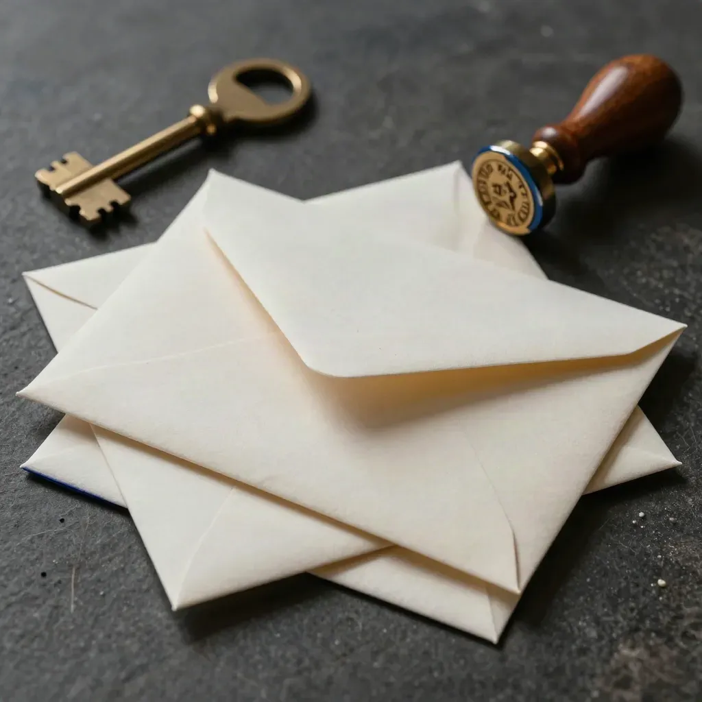 Overhead macro of cream envelopes, brass letter opener, rubber stamp and wax seal stick on dark stone.