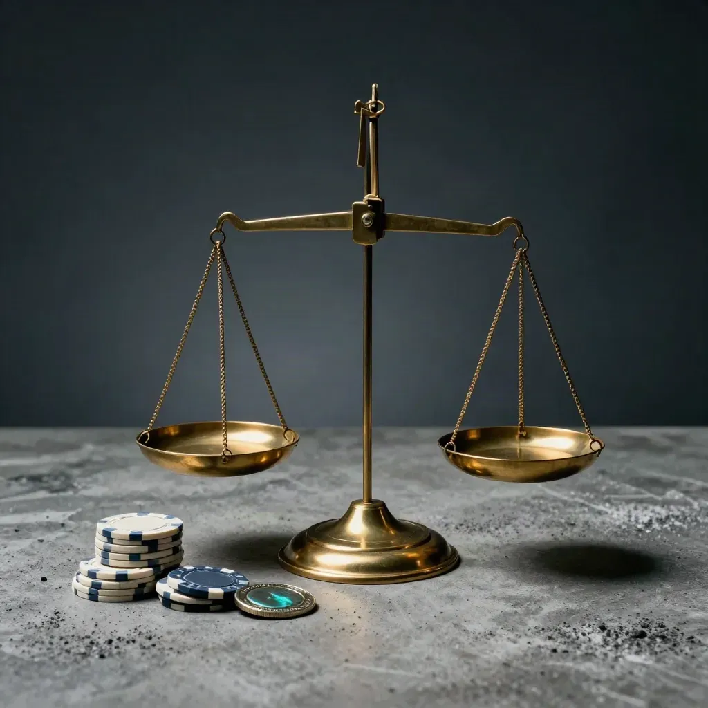 Brushed brass balance scale with weight discs and ledger chips on cool concrete in dramatic side light.