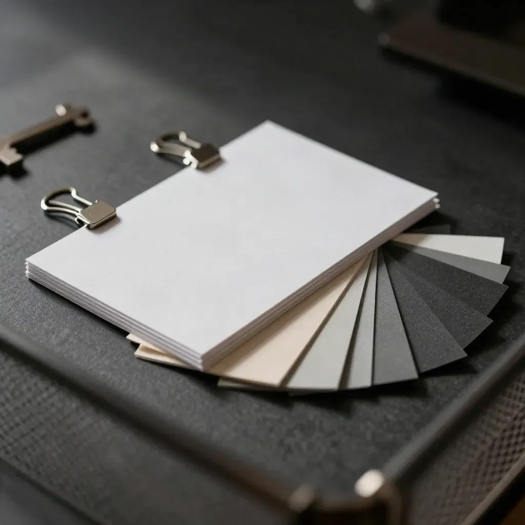 White cards, magnetic clips, and swatch strips seen through a blurred mesh divider.