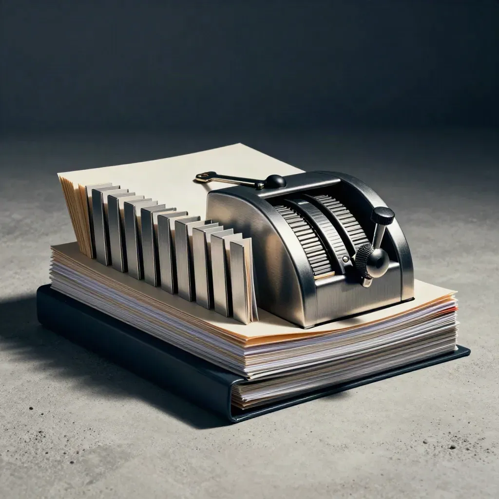 Mechanical tally counter, clipped folders, and metal filing tabs on pale concrete