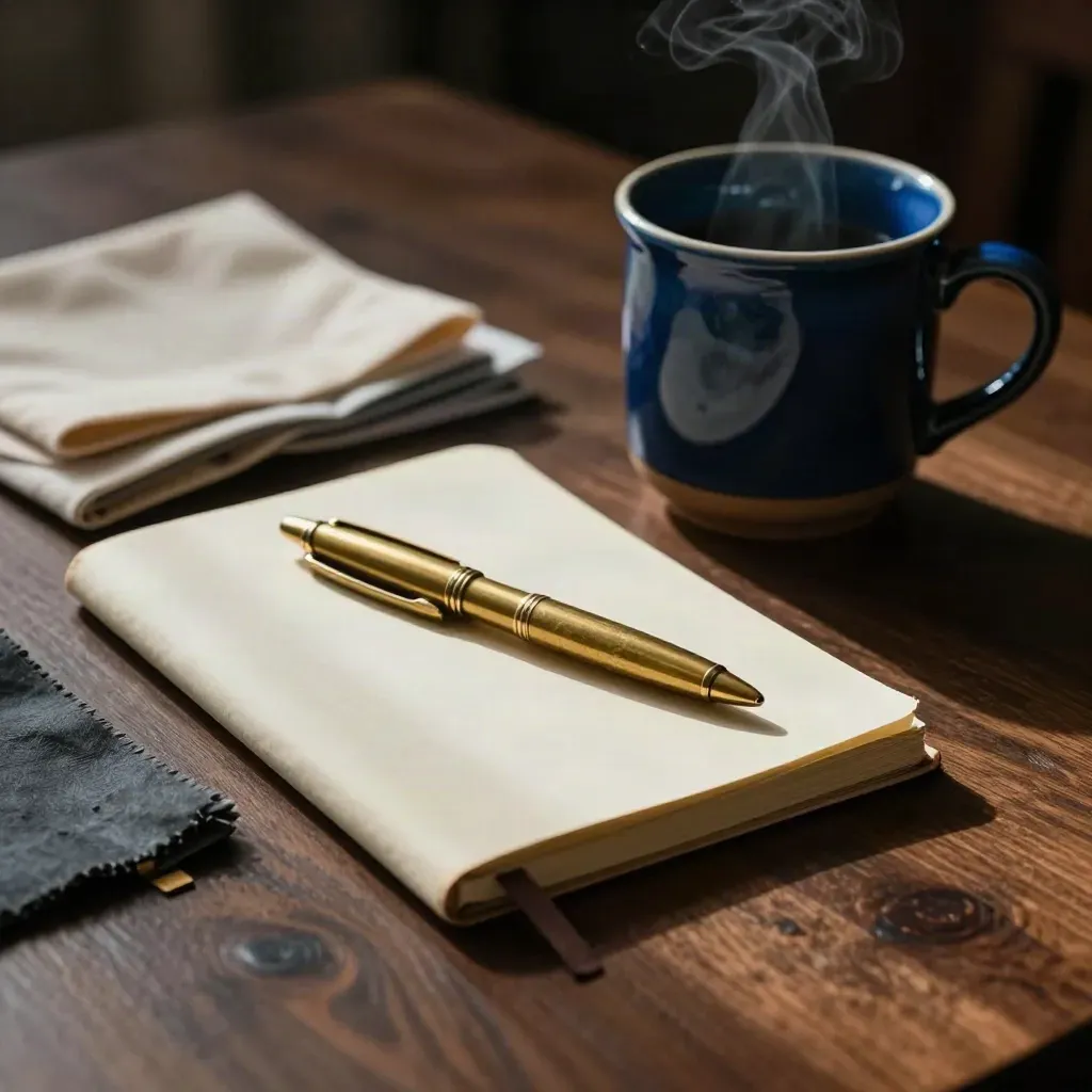 Steaming mug, closed campaign notebook, brass pen and fabric swatches on dark walnut.