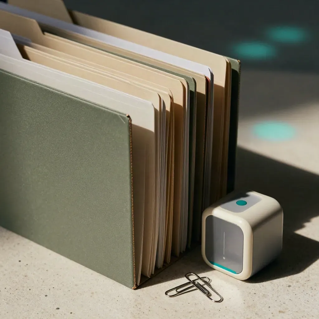 Archive folders, mechanical timer and paper clips on pale stone with a subtle teal accent