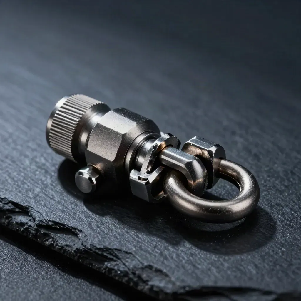 Aligned aluminium connectors and steel rings on dark slate with a midnight-blue sheen.