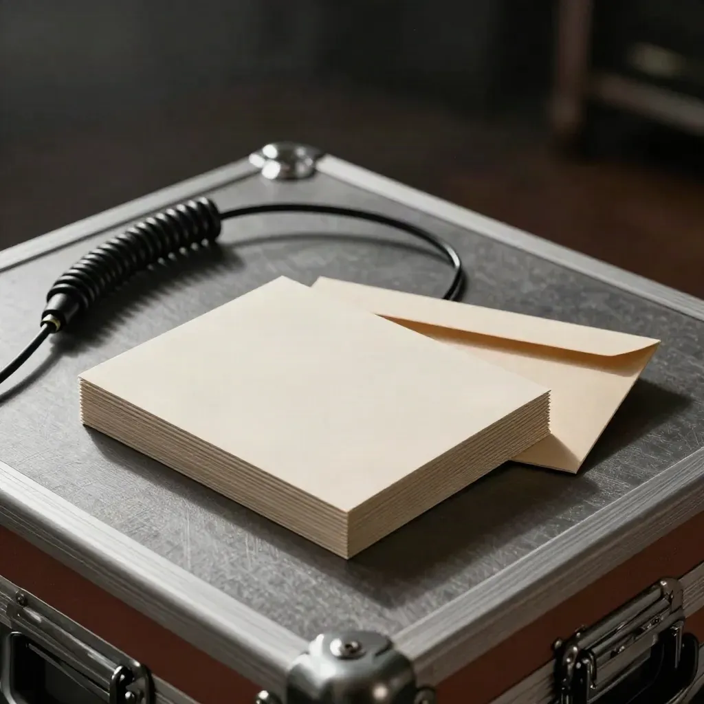 Brushed metal launch kit with storyboard cards, envelope and coiled audio cable