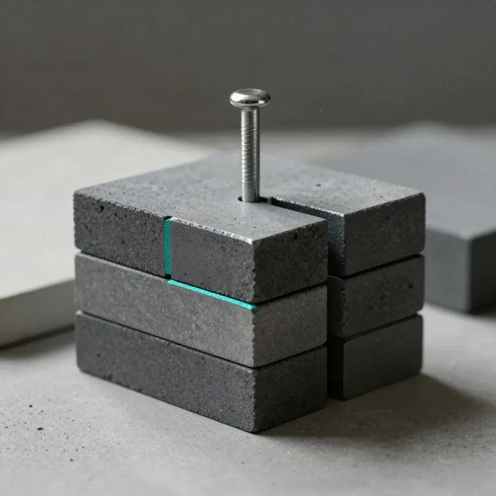 Graphite modular blocks bridged by a steel pin on pale concrete, lit dramatically.