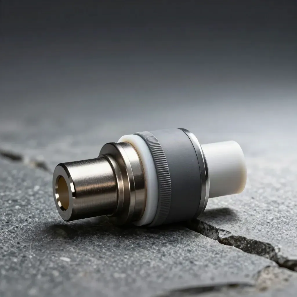 Matte aluminium junction with rubber grommets and spacers on brushed stone, lit with a side rake.