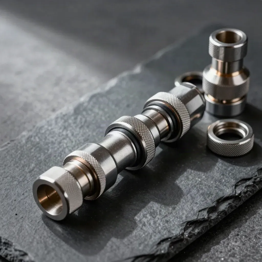 Brushed-steel couplers, washers and gasket rings aligned on charcoal slate under soft light.