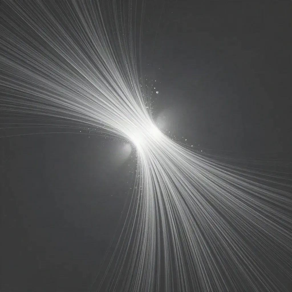 Silver light filaments converge into a soft white bloom in dark graphite haze.